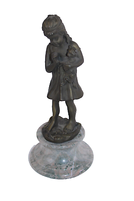 #ad Old Bronze Girl With Cat Statue On Marble Base 9quot; Tall Signed Illegible $109.00