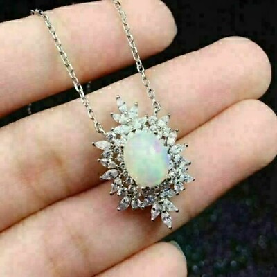 #ad 2Ct Oval Cut Simulated Fire Opal Womens Pendant 14K White Gold Plated Free Chain $88.39