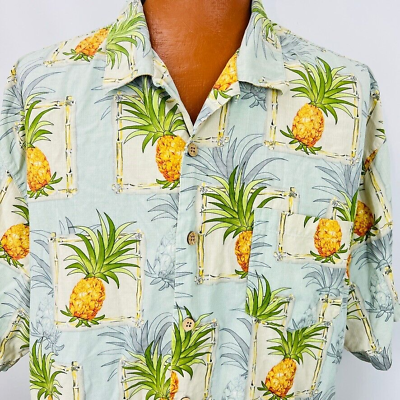 #ad Bermuda Bay Hawaiian Aloha XXL Shirt Pineapples Bamboo Tropical Coconut Buttons $29.59