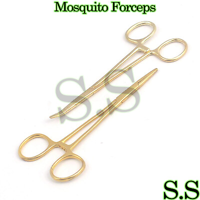 #ad 2 Mosquito Hemostat Locking Forceps 5quot; Straight amp; Curved Full Gold $9.99
