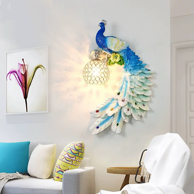 #ad Modern Crystal Colour Peacock Wall Lamp Lighting Fixture Resin Wall Sconce $183.99