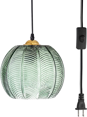#ad Plug in Glass Pendant Light Fixtures Mid Century Modern Chandelier Green Shade G $107.99
