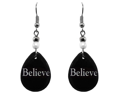 #ad Believe Teardrop Earrings Black White Inspirational Word Quote Art Women Jewelry $11.99