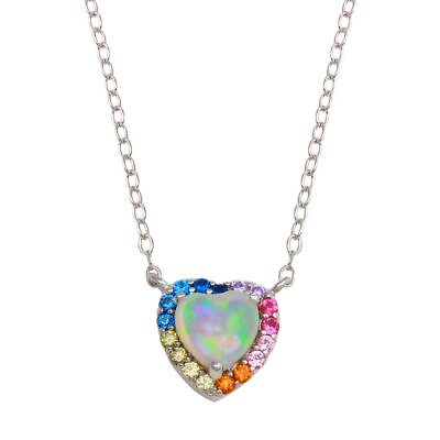 #ad OPAL CENTER HEART NECKLACE W LAB MULTI COLOR GEMSTONES 925 STERLING SILVER $28.32