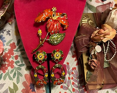 #ad VINTAGE JOSE MARIA BARRERA HIBISCUS FASHION BROOCH AND CLIP ON EARRINGS $139.99