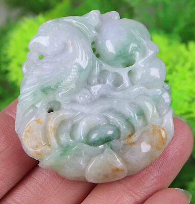 #ad Certified Green 100% Natural Jade Jadeite Flowers and birds Pendant 11751H $67.00