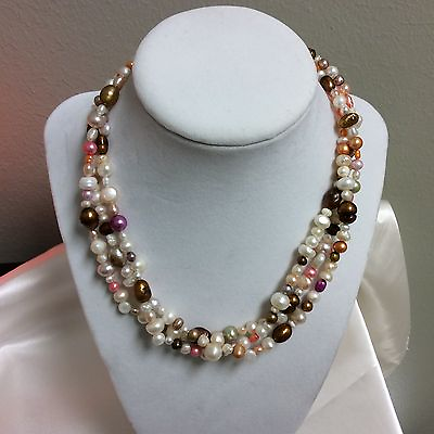 #ad Mix Of Cultured FW Pearls 3 Strand White Sterling Silver Clasp 16 1 2quot; $30.60