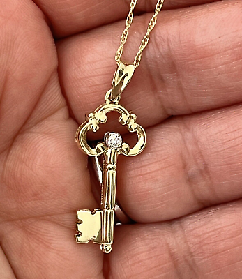 #ad 14K Solid Yellow Gold Dainty Key Pendant with Diamond Necklace 18quot;in $329.99