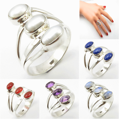 #ad Designer 3 Stone 925 Silver Ring Gems PEARL GARNET TURQUOISE Fine Jewelry $12.50