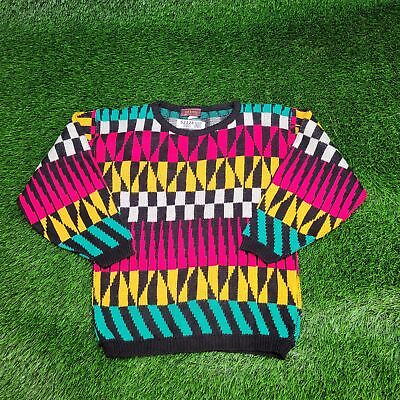 #ad Vintage 80s Harlequin Check Striped Knitted Sweater Womens M Pink White Yellow $54.17