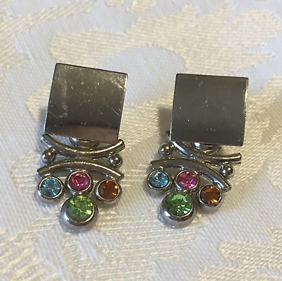 #ad Silver Tone Earrings Pierced Colorful Rhinestones $5.85