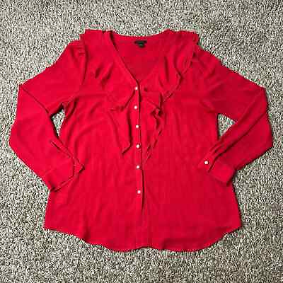#ad Ann Taylor Red Ruffle Button Up Long Sleeve Blouse Medium $15.00