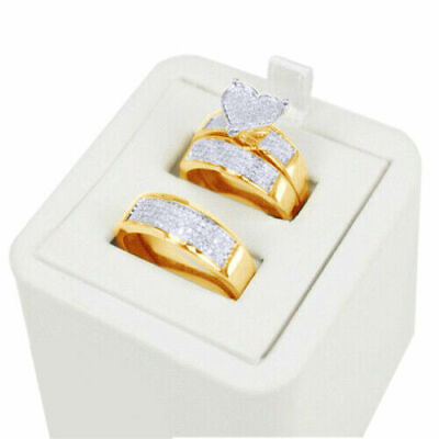 #ad 14k Yellow Gold Over His amp; Hers Heart Shape Diamond Wedding Bridal Trio Ring Set $220.49
