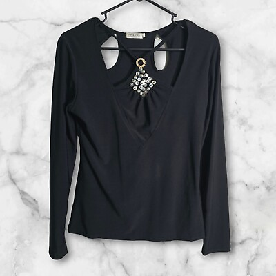 #ad Meiling Fashion Womens Large Black Formal Long Sleeve Shirt Top w Rhinestones $20.00