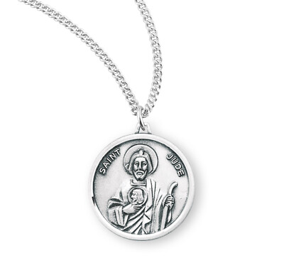 #ad Round Sterling Silver Catholic Patron Saint Jude Medal Pendant Necklace on Chain $76.88