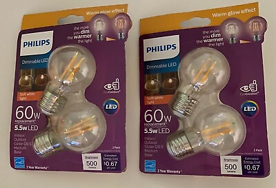 #ad New Lot of 2 Philips 60 Watt Clear Globe G16.5 LED Bulbs w Medium Base Dimmable $18.97