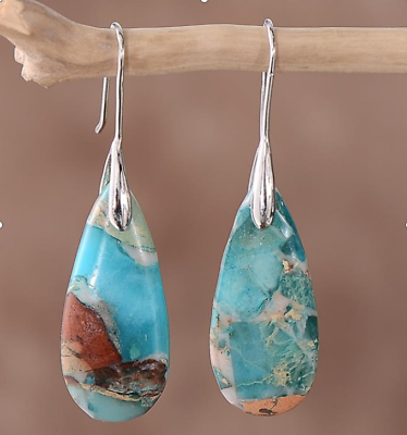 #ad Blue Sea Sediment Jasper Women Boho Healing Reiki Protection Handmade Earrings $11.98