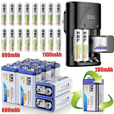 #ad EBL Lot AA AAA 9V Rechargeable Batteries AA AAA 9V Ni MH Ni CD Wall Charger US $8.79