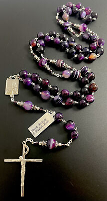 #ad Semi Precious 10mm Amethyst Stripe Agate amp; Sterling Silver Stone Rosary with Tag $119.99