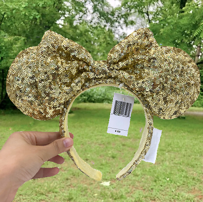 #ad Ears Mickey Gold Sequins Bow Headband Anniversary Disney Minnie Mouse $15.95