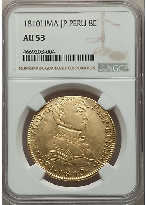 #ad 1810 Peru 8 escudos Lima Imagined Imaginary Bust gold Ferdinand NGC AU 53 $6200.00