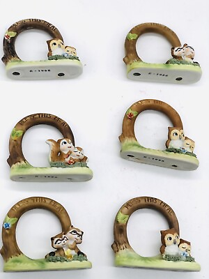 #ad 6 Vintage Cute Critters Raccoon Owls Squirrel Ceramic Napkin Rings Holders Rare $32.00