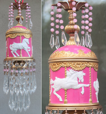#ad 1 Pink Rose Porcelain Carousel Horse Lamp SWAG Chandelier Vintage Merry Go Round $349.00