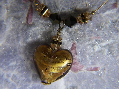 #ad Gold Glass Heart 1 1 4quot; 14 20 GOLD filled clasp 18quot; flex necklace A25 $31.75