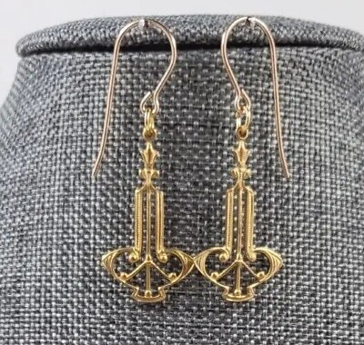 #ad Filigree Brass Gold Art Deco Dangle Earrings Design B $10.00