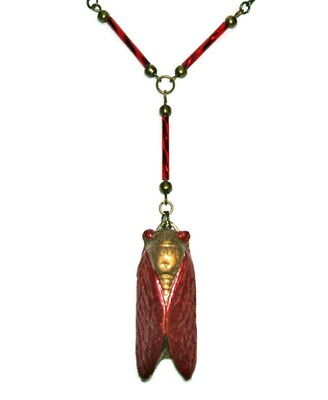 #ad LUCKY CICADA Necklace Egyptian Revival Pendant Vintage Czech RED Glass Beads $19.46