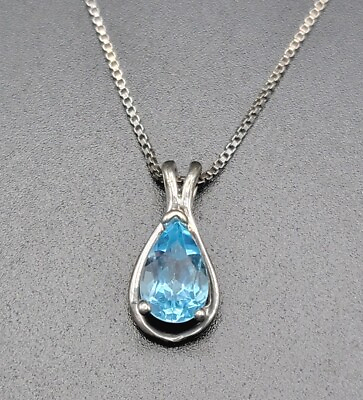#ad 925 Sterling Silver Necklace Blue Topaz Teardrop Pendant Box Link Chain 18quot; $63.75