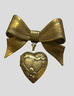 #ad Vintage Sadie Green Victorian Revival Heart Bow Locket Brooch Pin Gold Tone $35.00