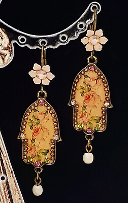 #ad Michal Negrin Dangle Hamsa Earrings Victorian Roses Vintage Retro Crystal Flower $99.00
