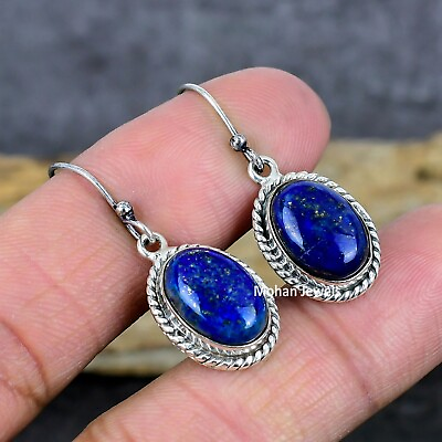 #ad Lapis Lazuli Oval Gemstone Handmade Silver Dangle Earrings Dainty Jewelry 1 1 4quot; $18.99