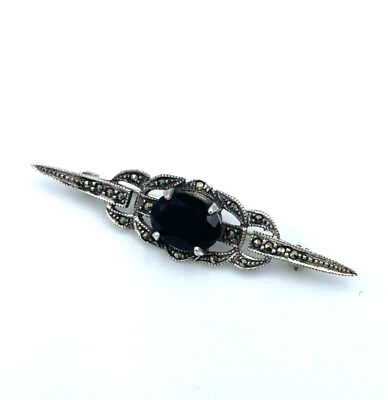 #ad Vintage Sterling Silver 925 Black Tourmaline and Marcasite Brooch Pin $35.99
