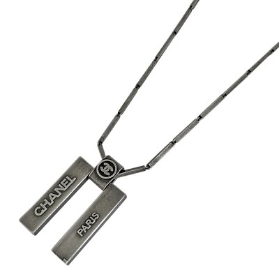 #ad Chanel CHANEL Coco Mark Double Bar Necklace CC Mark Pendant Plate Silver Plate $364.24