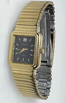 #ad Vintage New 1990 ADOLFO Diamond Tank Women’s 20mm Quartz Watch Gold Black Dial $85.00