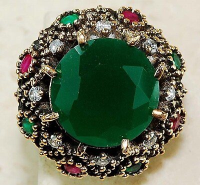 #ad Ottoman Empire Style 4CT Emerald amp; Topaz 925 Sterling Silver Ring Sz 9 ZB1 8 $42.99
