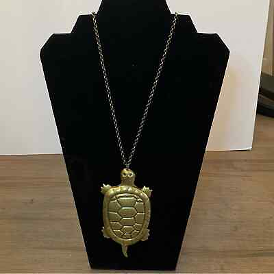 #ad Sea Turtle Necklace Unique long Brass gold tone Big pendant NO markings $34.20