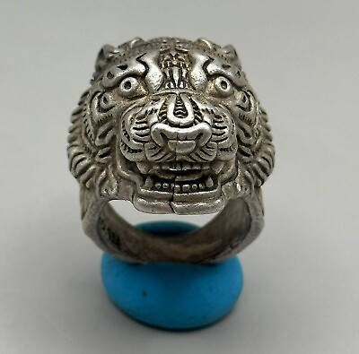 #ad UNIQUE ANTIQUE NEAR EASTERN SOLID SILVER RING WITH TIGER HEAD $100.00