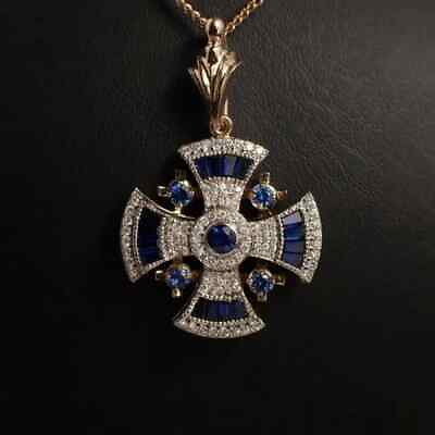 #ad Maltese Cross Pendant with Sapphires and Simulated Diamond 14K Rose Gold Plated $121.68