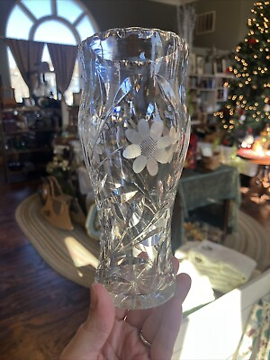 #ad Vintage Handcut Etched Floral Crystal Vase 7quot; $24.00