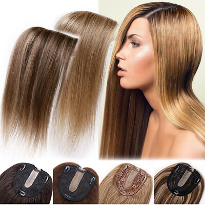 #ad SALE Women Topper Toupee Silk Base 100%Remy Human Hair Bang Clip Top Wiglet LONG $158.88
