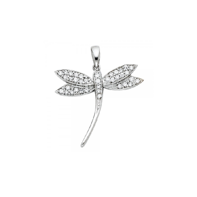 #ad 14K Solid White Gold Cubic Zirconia Dragonfly Pendant Polished Necklace Charm $145.89