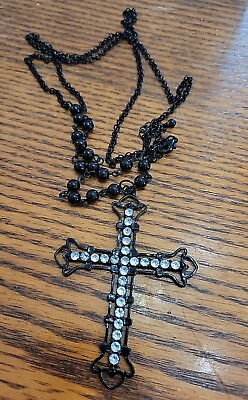 #ad Black Crystal Silver Rhinestone Cross Pendant 16 inches Necklace $8.05