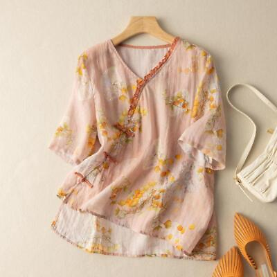 #ad Retro Women Printed Floral Blouse Top Loose T shirt Pullover V neck Cotton Linen $42.99
