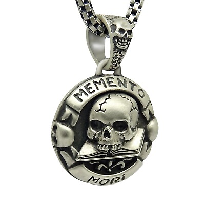 #ad Skull over Book Sterling Silver 925 Pendant with Chain Masonic Memento Mori $150.15