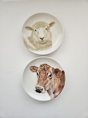 #ad 222 Fifth Farm Animal Porcelain Salad Plates Cow And Sheep 8quot; A6 $24.99
