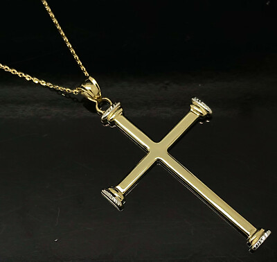#ad Solid 10K Two Tone Gold Religious Cross Pendant Adjustable Chain Necklace;16 18quot; $275.00