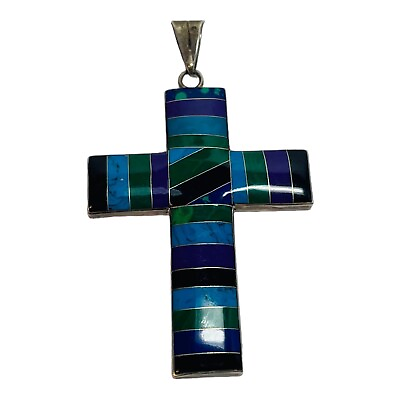 #ad Mexico CII Sterling 925 Silver Inlaid Malachite Turquoise Lapis Cross Pendant $100.00